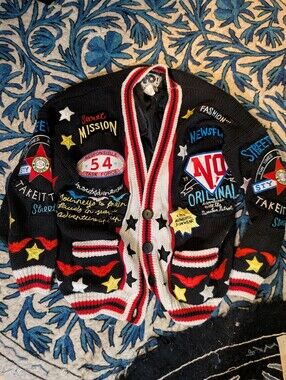 Vintage No! Jeans Fly To The Skies Black Patch Chunky Knit Cardigan OSFM